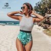 CUPSHE Black Striped And Green Leaf One-piece Swimsuit Women Sexy Cutout Monokini Bathing Suits latest New Girl Beach Swimwear
