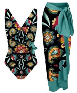 Colorful Print Sling Bikini Set and Cover Up High Waist U Back Design Swimsuit Tummy Wrap Fashion One Piece Swimwear